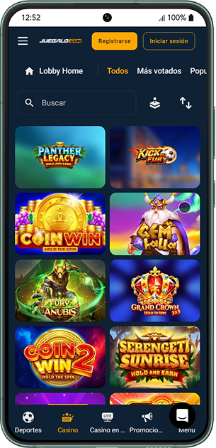 Pantalla de la página casino de la app Juegalo